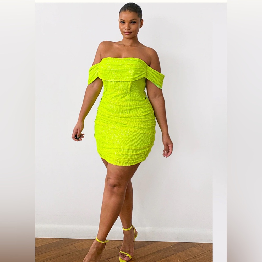 Neon Lime Sequin Off-Shoulder Dress